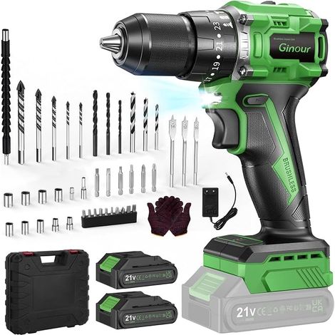 50 Nm Brushless Cordless 21 V Drill Driver 2 Batteries 2Ah, 800W Brushless Motor for Concrete, Accessories (1/5)