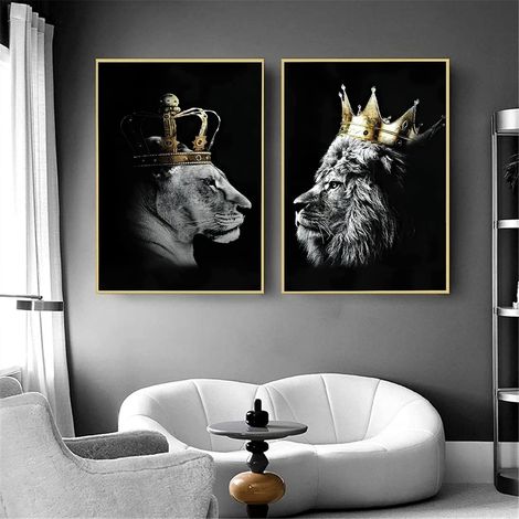 Lion et Lionne avec Couronne Toile Images sur Toile Noir et Blanc Animaux Décoration Impressions Sans cadre (2x30x40cm, Lion-1) (1/5)