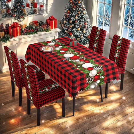 Ensemble nappe et housses de chaises de Noël à carreaux imprimés numériquement, très populaire, référence TC-129 (nappe imperméable 140 x 210 cm + 4 housses de chaises) (1/3)