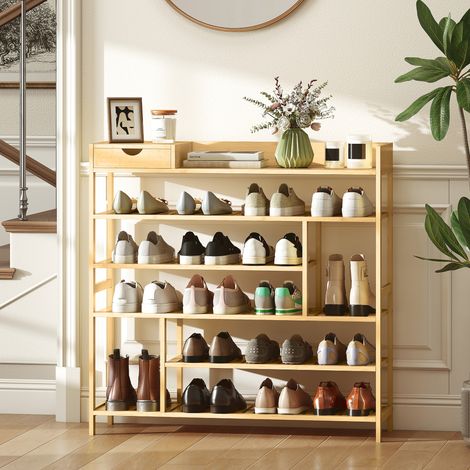 Schuhregal, Schuhständer mit 6 Ebenen, Schublade aus Bambus, für max. 18 Paar Schuhe, Schuhablage für Eingang, Schlafzimmer, 101 x 30 x 100 cm, Natur