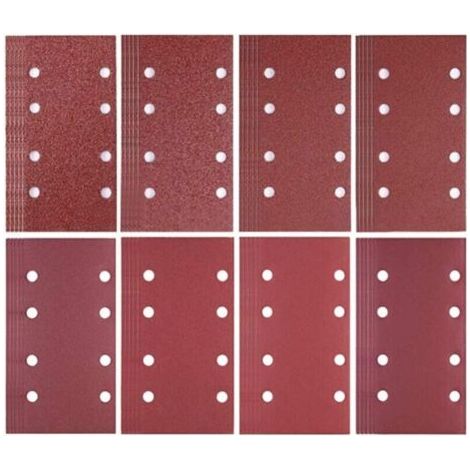 Lot de 80 feuilles abrasives 93 x 185 mm – 8 trous – Assortiment grains 40/60/80/120/180/240/320/400 – Pour ponceuse bois dur (1/5)