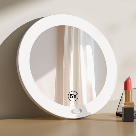 Miroir de Maquillage avec éclairage avec Miroir grossissant 5X, Miroir cosmétique LED Blanc avec Ventouse, diamètre 165 mm, Miroir Mural Portable, alimenté par Piles (1/5)