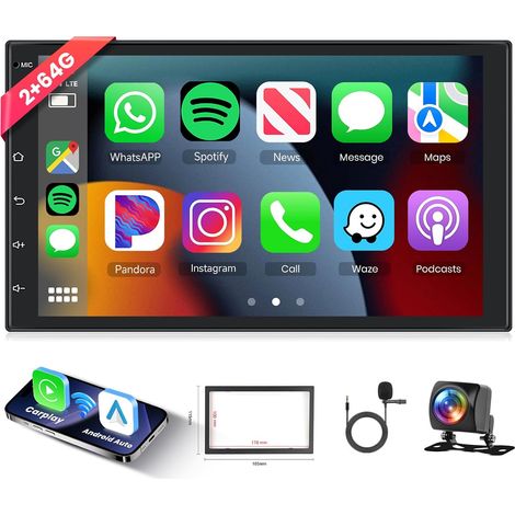 2G+64G Android Autoradio 2 Din Carplay sans Fil Android Auto, Radio Voiture Android 7 Pouces écran Tactile avec Lien Miroir GPS Bluetooth, HiFi, FM/RDS Radio, WiFi, USB,AHD Caméra Recul (1/5)
