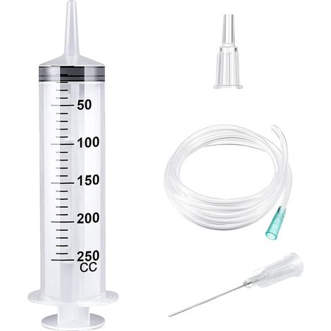 250ml Grande Seringue en Plastique, Seringue de Dosage avec Tuyau de 1m et Adaptateur de Pointe, Sans Aiguille, Grosse Seringues, à Huile (1/5)
