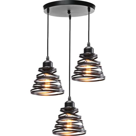 3 Lumières Suspension Luminaire Rétro Créatif Lustre Plafonnier de Design à Spirale en Cascade Vintage Métal E27 Lampe Suspension Industrielle pour Salon Salle à Manger,15cm (3 Lampes Noir A) (1/5)