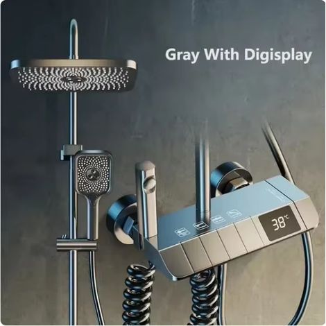 Colonne de douche avec thermostat – 4 fonctions – écran numérique – robinet de douche en cuivre,Gris