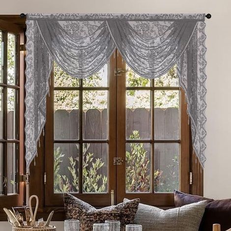 Rideau en dentelle florale vintage - Rideau cascade pour cuisine, salon, salle de bain, café - Gris 1,5 mètre 150 x 105 cm (1/5)