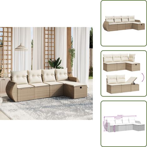 5-tlg. Garten-Sofagarnitur mit Kissen Beige Poly Rattan - Gartensorganisation - Gartenmöbelset - Outdoor Lounge Set - Rattan Gartenmöbel - Gartenlounge (1/5)