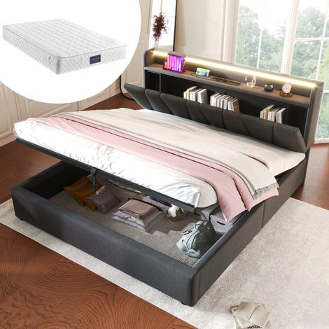 Letto matrimoniale 140x200 cm grigio in lino con materasso, LED RGBW e ricarica USB (1/5)