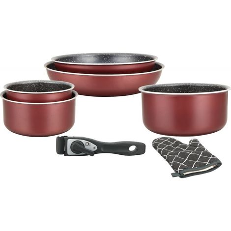 Batterie de cuisine revêtement pierre avec manche amovible 7 pièces bordeau Herzberg HG8053-BR (1/4)