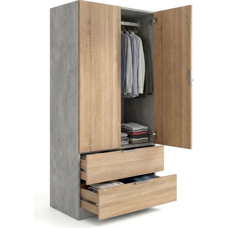 Armario de 2 puertas y 2 cajones 81,5x180 cm Lark Gris Cemento - Roble Canadian (ancho) x 180cm (alto)