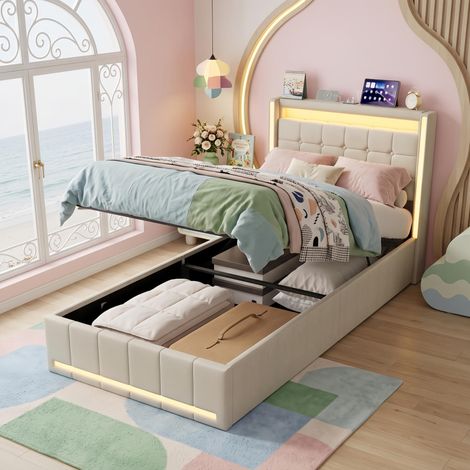 Lit coffre 90x190 cm avec LED RGB connectée, lit simple avec USB Type-C, sommier, lit scandinave en lin, Beige (1/5)