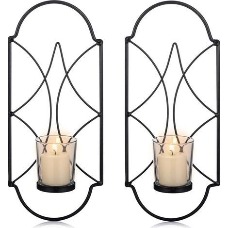 Lot de 2 Bougeoirs Photophore Porte Bougie Mural Murale Muraux en Métal, Bougeoir pour Mur Chambre Salle de Bains Salon Decoration, Noir (1/5)
