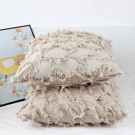 Ensemble de 2 housses de coussin 45x45 beiges, coussins décoratifs à pompons, housses de coussin en coton et lin, style moderne. (1/4)