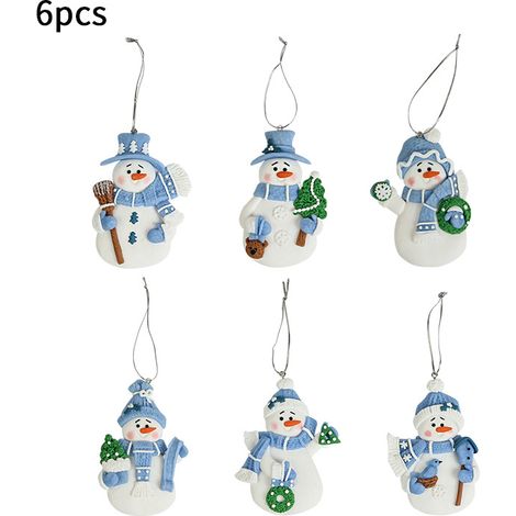 6 Ornements de Noël, bonhomme de neige, pâte polymère, bleu et blanc, 10 cm, décoration sapin, fête (1/5)