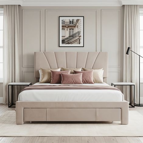 Lit 140x190 - lit double avec sommier - Velours beige - Tête de lit haute - tiroir de rangement