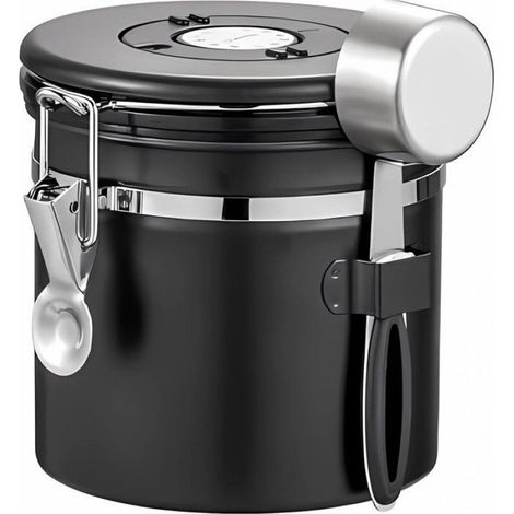 Boîte de rangement hermétique - Avec cuillère doseuse et molette de dattes - 1200 ml - Noir - Boîte de conservation pour café (1/4)