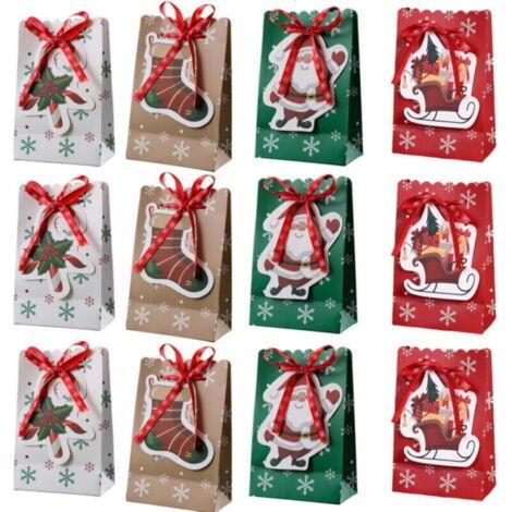Pair Sacs cadeaux de Noël avec ruban, 18,3 x 11,9 cm, lot de 12, avec 4 jolis motifs de Noël, boîtes cadeaux pour fêtes de Noël, emballage cadeau