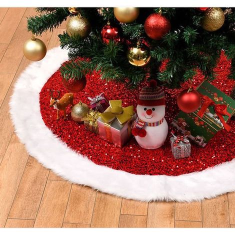 Tapis de sapin de Noël rouge de 91 cm (36 pouces), en tissu à paillettes pelucheuses. (1/4)