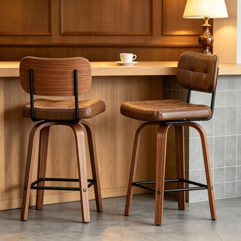 Taburete de bar, respaldo ergonómico, diseño escandinavo, aro antideslizante, madera maciza, metal y PU marrón nogal (1/5)