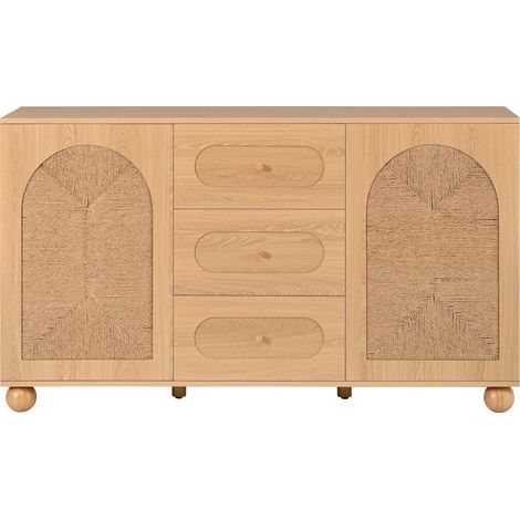 Aparador con puertas de trenzado de cuerda, 2 puertas y 3 cajones, 140 x 40 x 80 cm, natural (1/5)