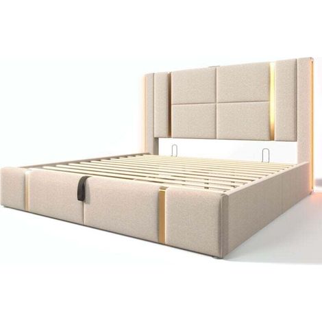 Cama doble LED de 140 x 200 cm, somier de láminas de madera, tela de lino beige, con carga USB tipo C, apto para adolescentes y adultos (colchón no incluido). (1/5)