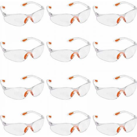 Packung mit 12 transparenten Schutzbrillen mit Kunststoffgläsern, Nasensteg und Bügelschutz aus Gummi, transparente persönliche Schutzausrüstung