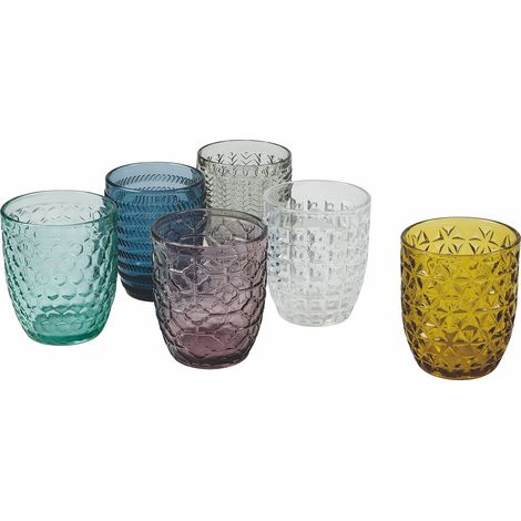 Villa d’Este Home Tivoli Geometrie Set Bicchieri Acqua in Vetro colorato con Lavorazione a Rilievo, 300 ml, Multicolore, 6 unità (Confezione da 1) (1/4)