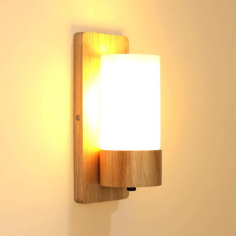 Applique murale design scandinave en bois massif et verre, abat-jour rond 12x28cm, douille E27 (ampoule non fournie) - Coloris naturel (1/5)