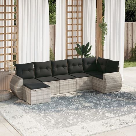 Meuble d'extérieur poly rotin salon 7 places gris clair avec coussins et rangement (1/3)