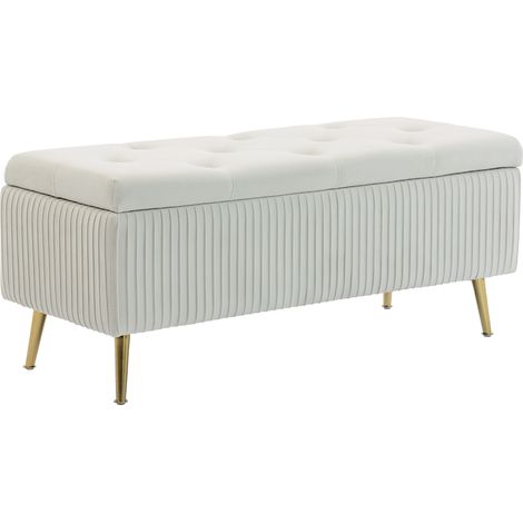 Banc de rangement, banc capitonné aspect velours, pieds en acier doré, banc de lit pour salon (1/5)