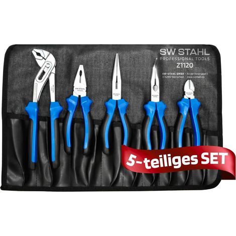 SW-Stahl Z1120 Zangensatz 5-teilig I Kombizange klein I Seitenschneider klein I Wasserpumpenzange 240mm I Telefonzange gerade I Telefonzange gebogen I Werkzeug Rolltasche Set I Elektro Werkzeuge Zange (1/5)