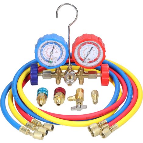 Manomètre à double vanne en laiton pour le chargement de réfrigérant de climatisation, avec flexible de 1,5 m et adaptateurs à raccord rapide pour réfrigérants R12/R22/R134a/R502. (1/5)