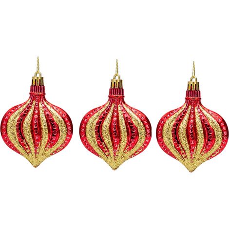Neuer Weihnachtsschmuck – Einzigartige, flache Zwiebelform – Mit rotem und goldenem Glitzer verziert – Hängende Weihnachtskugel (1/5)