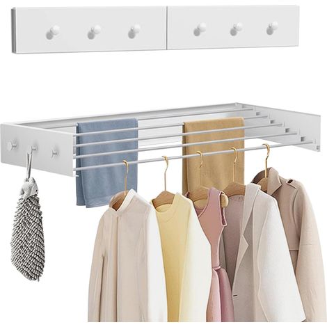 Séchoir à linge mural extensible en acier au carbone de 60 cm avec 4 crochets - Design peu encombrant - Facile à plier - Charge maximale de 25 kg - Pour balcon, chambre (80 cm) (1/5)