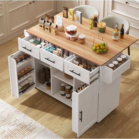 Desserte de cuisine 139x46(71)x91,5 cm blanche en MDF avec plateau relevable, roulettes et pieds en bois (1/5)