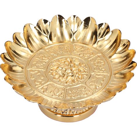 Erhöhter Lotus-Obstteller aus Legierung, buddhistische Opferschale für Zuhause, religiöse Dekoration, 7-Zoll-Modell mit doppeltem Lotus-Wellenrand. (1/5)
