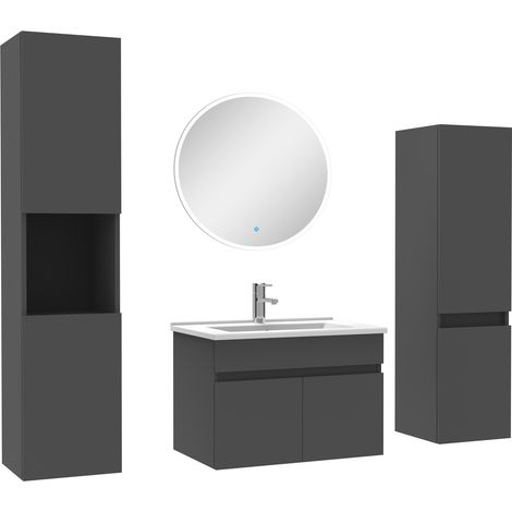 Acezanble meuble Salle de Bain Anthracite 60cm simple vasque + colonne + miroir rond LED