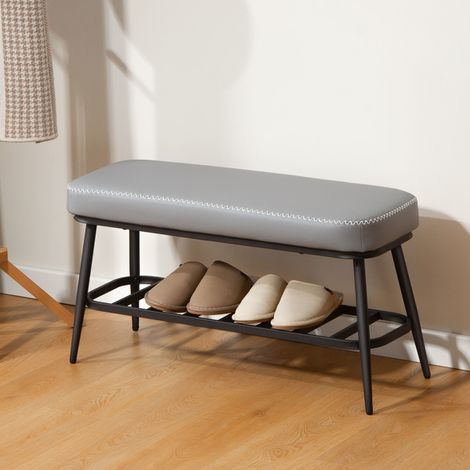 Comfortable PU Leather Shoe Bench with Storage Shelf, Sturdy Metal Frame, Adjustable Feet, Easy to Clean, Fits 4 Pairs of Shoes