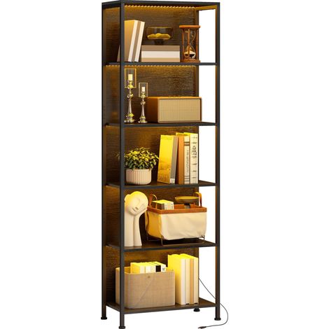 Bibliothèque à 5 niveaux avec éclairage LED, 7 couleurs de lumière, pour salon, 60 x 30 x 179 cm, noire