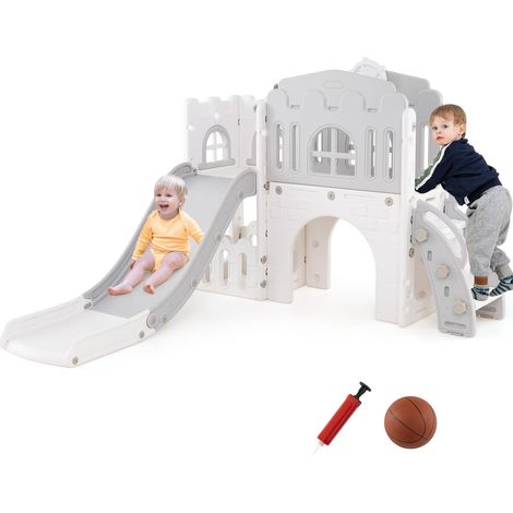COSTWAY Scivolo per Bambini 9 in 1, Set da Gioco con Canestro da Basket, Telescopio, Volante, Corridoio, Tunnel e Spazio di Archiviazione, Scivolo da Interno ed Esterno per 1+ Anni (Grigio+Bianco) (1/5)