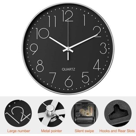 Modern Wall Clock 30cm Silent Quartz Movement Black Silver Living Room Office Bedroom (1/4)