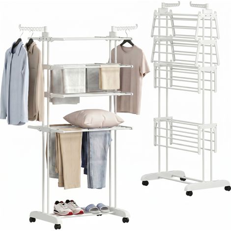 Séchoir linge pliable 4 niveaux roulettes étendoir, ailes latérales cadre acier blanc, mobile (1/5)