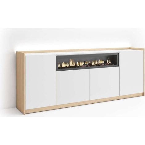 Aparador Almargen-01 de 207x80x37 cm con 4 puertas, chimenea y luces LED, blanco y roble soft (1/4)