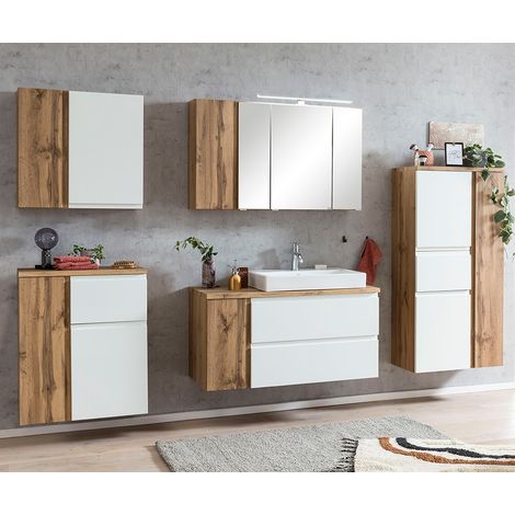 Badmöbel Set mit Aufsatz-Waschbecken rechts, Wotan Eiche Nb. mit weiß matt, VASTO-03-WHITE, B/H/T ca. 265/200/47 cm (1/5)