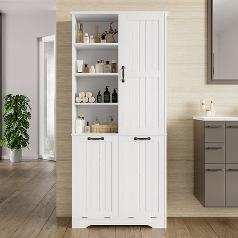 Armoire de salle de bain - 78x35x172 cm - MDF - Peinture résistante à l'humidité - 2 paniers à linge (1/5)