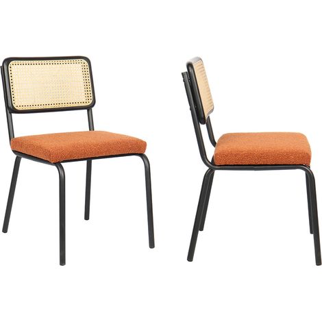 Lot de 2 chaises en métal et bois noir, cannage naturel et tissu bouclé rouille - Paula (1/5)