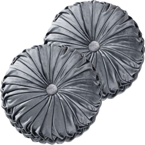 Lot de 2 oreillers ronds, 38 x 38 cm plissés, coussins de sol en velours vintage déco pour la maison canapé chaise lit, gris foncé (ondulation) (1/5)