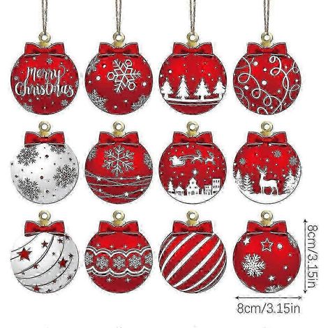 Boules de Noël décoratives pour sapin, motif de Noël, 12 boules rouges et blanches pour les fêtes de fin d'année 2025 (1/5)