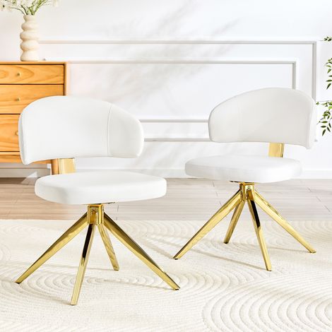 Lot de 2 chaises de salle à manger pivotantes avec dossier incurvé, assise rembourrée en cuir PU, structure en métal doré, blanches (1/5)